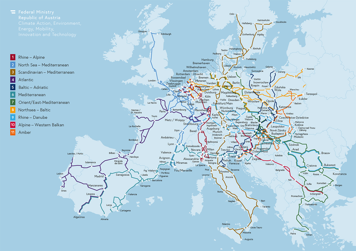 EU Rail Freight Corridors map - property of the Federal Ministry for Climate Action, Environment, Energy, Mobility, Innovation and Technology. 